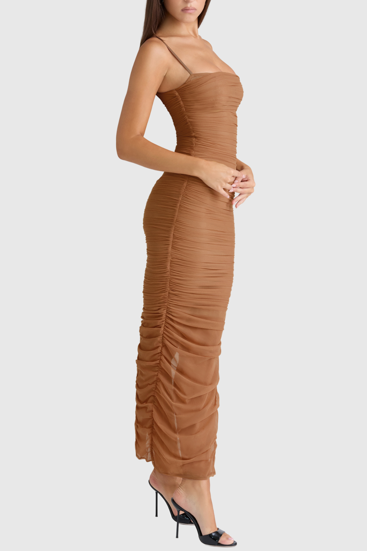 Timoth Mesh Ruched Maxi Dress - Brown