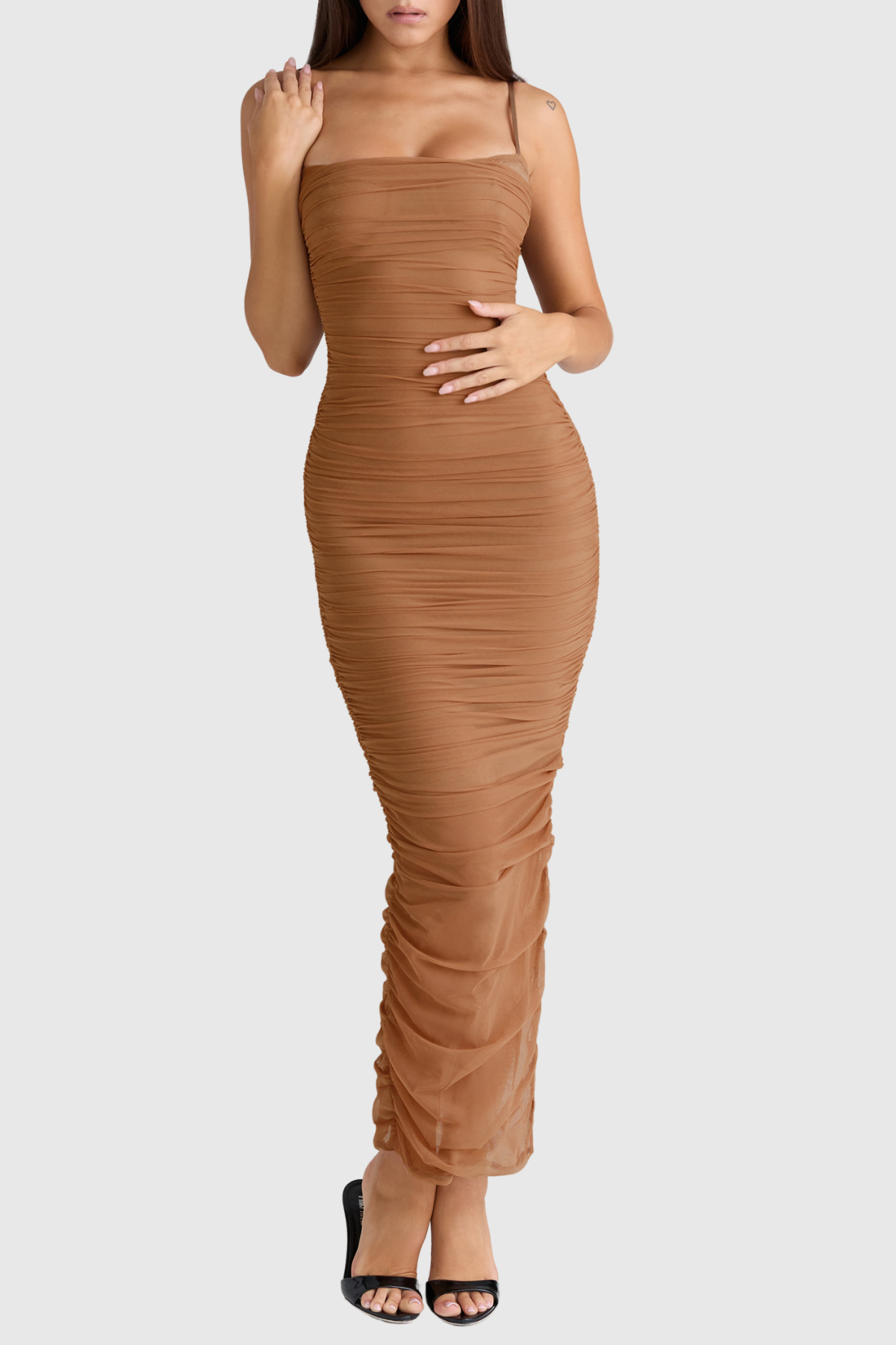 Timoth Mesh Ruched Maxi Dress - Brown