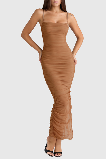 Timoth Mesh Ruched Maxi Dress - Brown