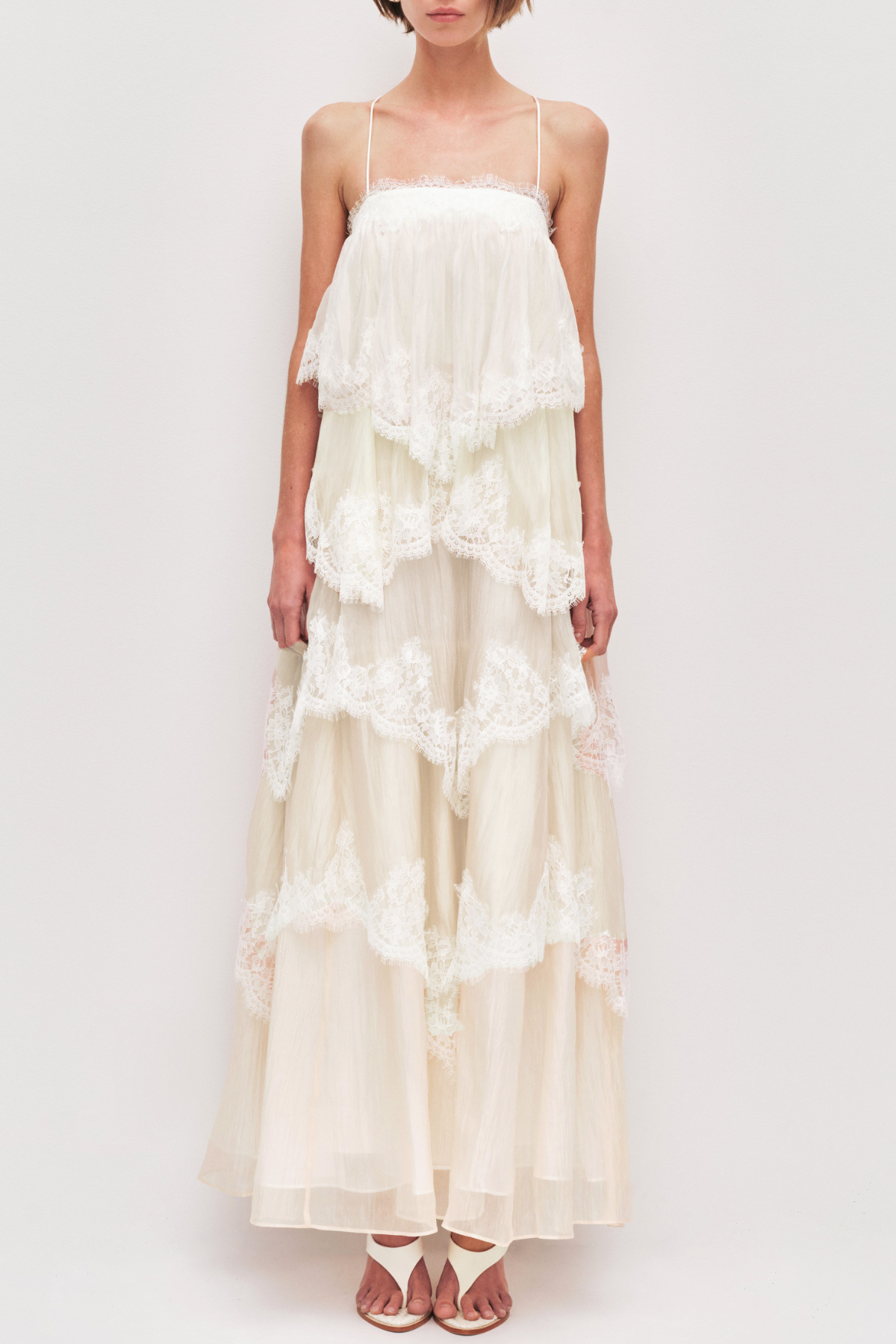Tobiass Ruffle Lace Trim Maxi Dress - Beige