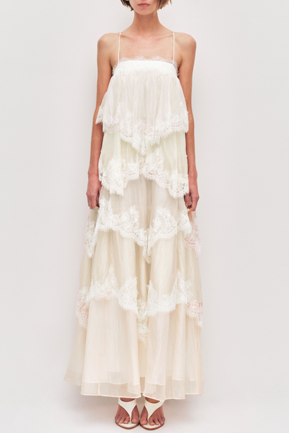 Tobiass Ruffle Lace Trim Maxi Dress - Beige