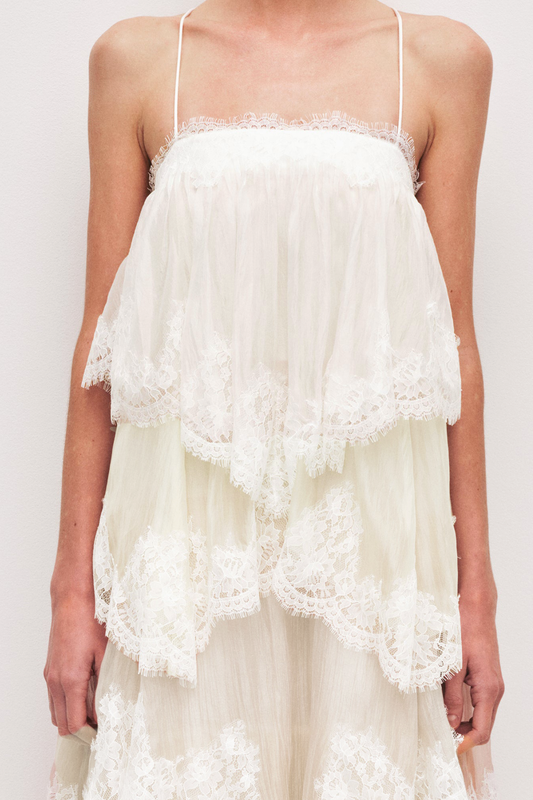 Tobiass Ruffle Lace Trim Maxi Dress - Beige