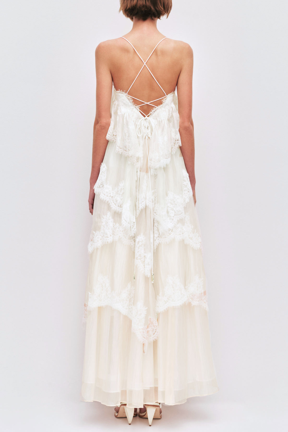 Tobiass Ruffle Lace Trim Maxi Dress - Beige