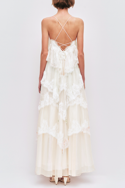 Tobiass Ruffle Lace Trim Maxi Dress - Beige