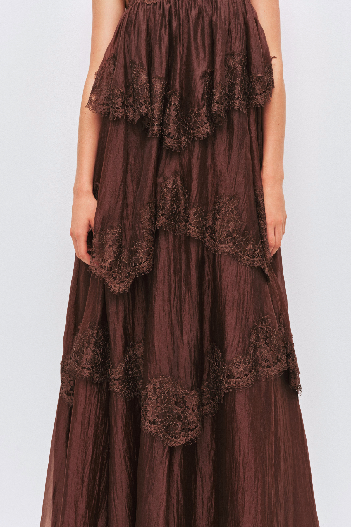 Tobiass Ruffle Lace Trim Maxi Dress - Brown