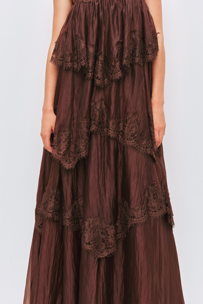 Tobiass Ruffle Lace Trim Maxi Dress - Brown