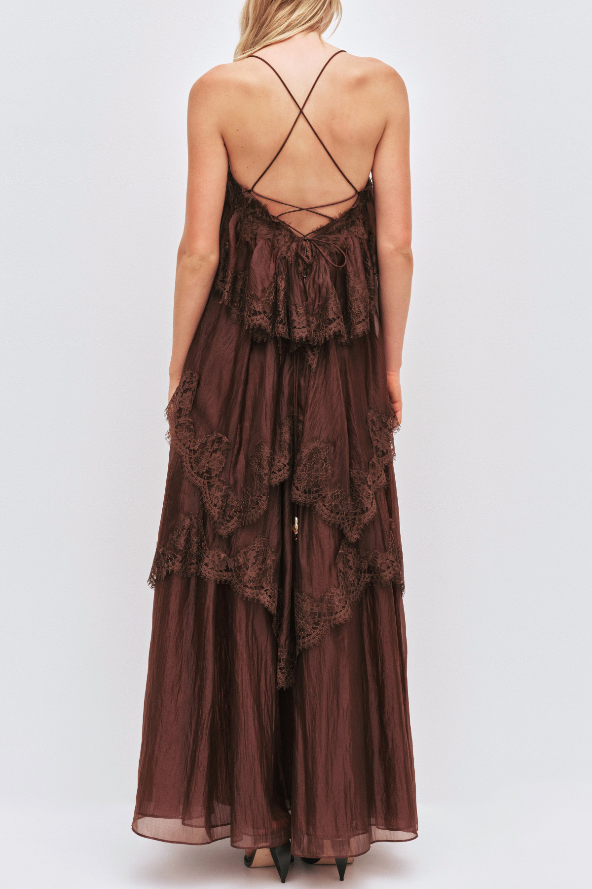 Tobiass Ruffle Lace Trim Maxi Dress - Brown