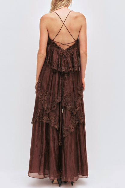 Tobiass Ruffle Lace Trim Maxi Dress - Brown