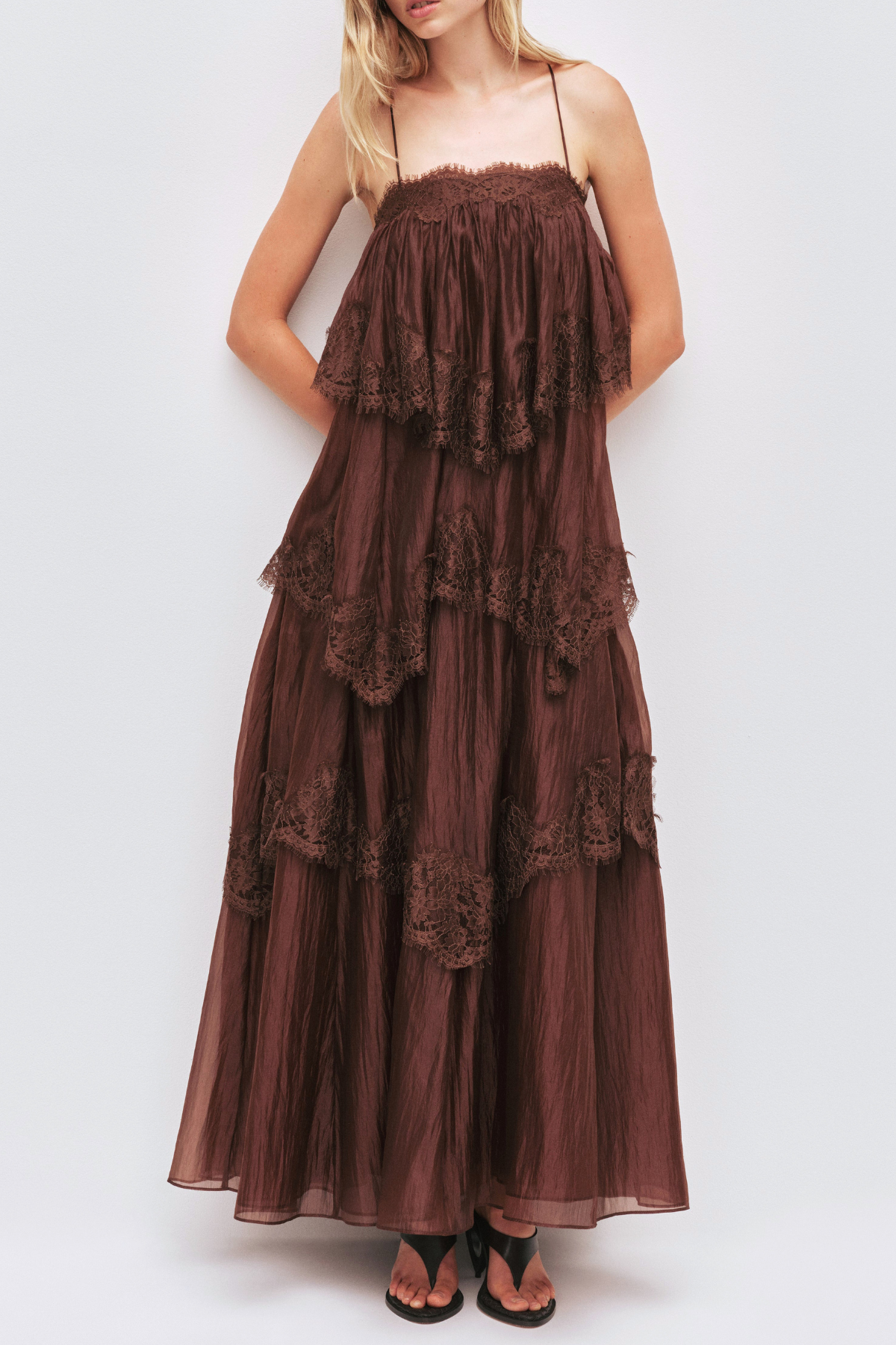 Tobiass Ruffle Lace Trim Maxi Dress - Brown