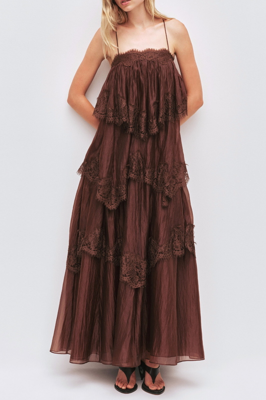 Tobiass Ruffle Lace Trim Maxi Dress - Brown