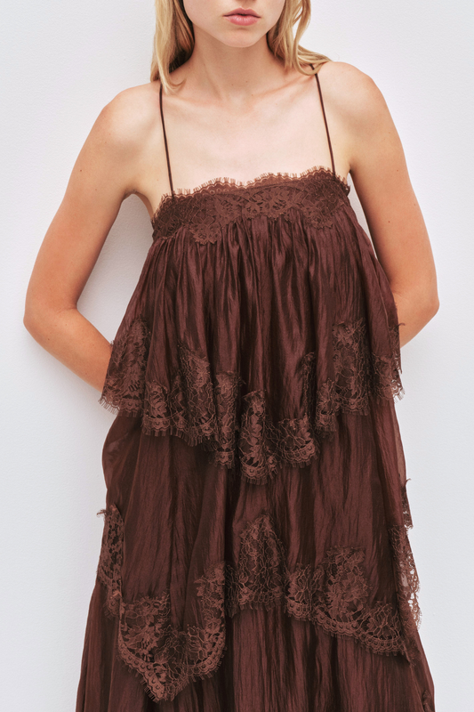 Tobiass Ruffle Lace Trim Maxi Dress - Brown