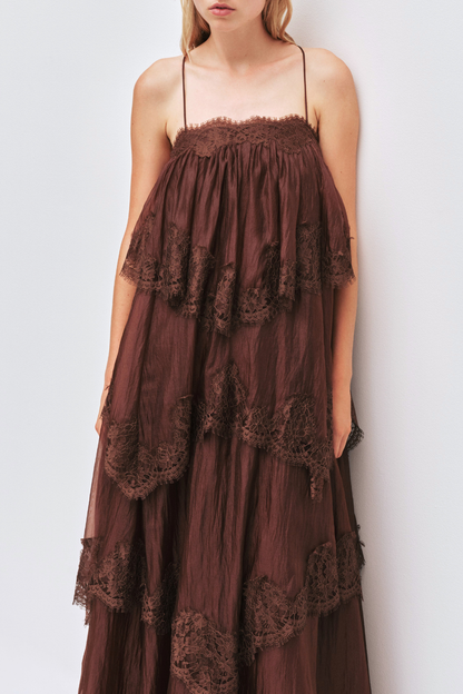 Tobiass Ruffle Lace Trim Maxi Dress - Brown