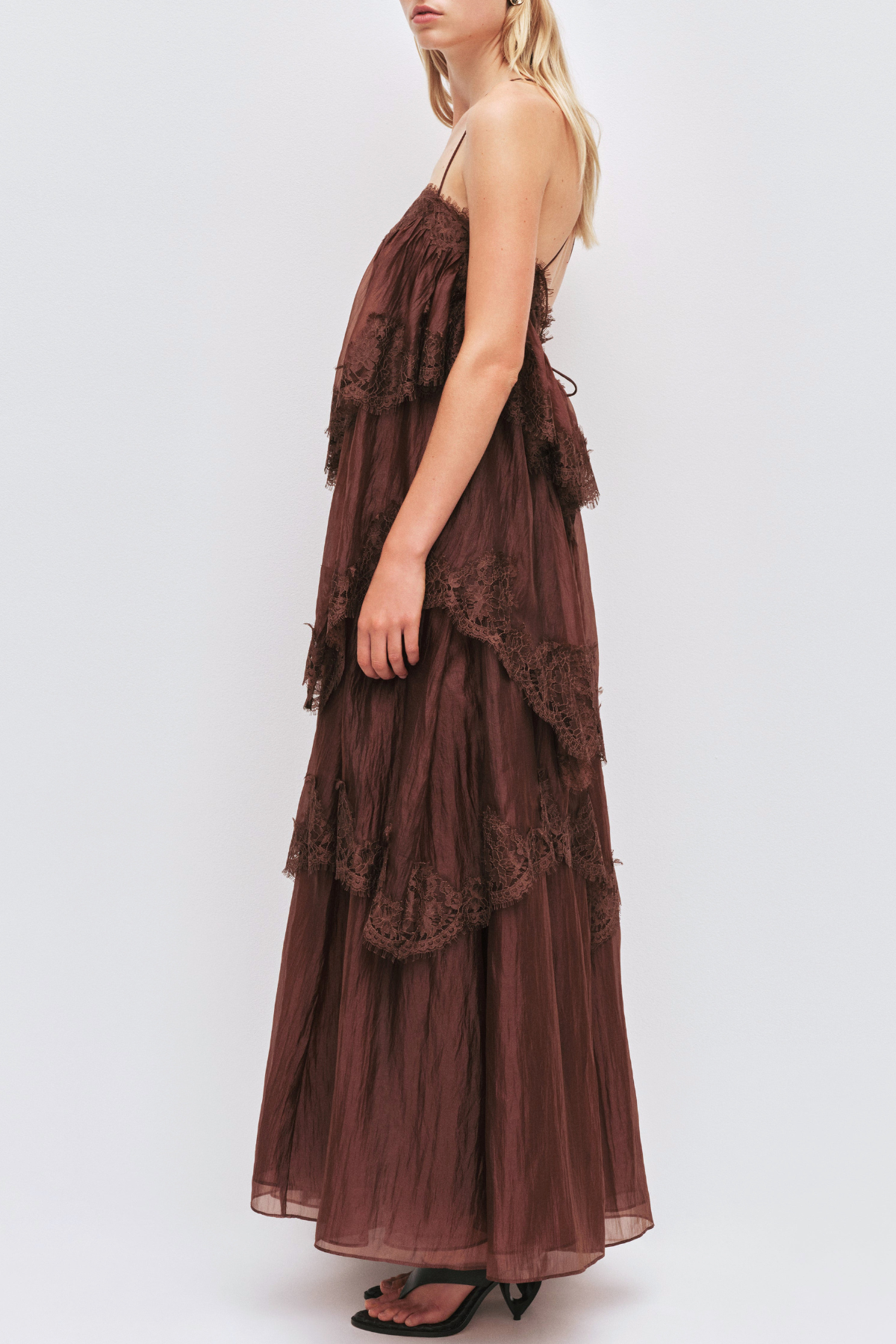 Tobiass Ruffle Lace Trim Maxi Dress - Brown