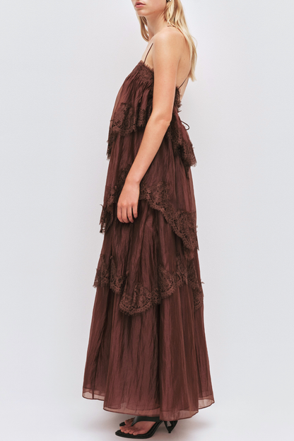 Tobiass Ruffle Lace Trim Maxi Dress - Brown