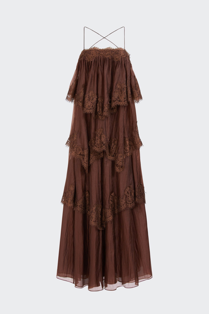 Tobiass Ruffle Lace Trim Maxi Dress - Brown