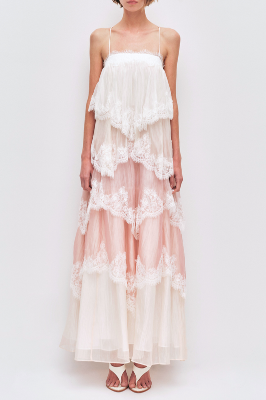 Tobiass Ruffle Lace Trim Maxi Dress - Pink