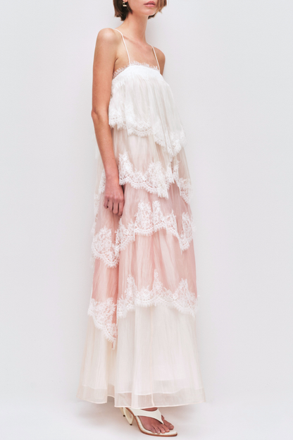 Tobiass Ruffle Lace Trim Maxi Dress - Pink