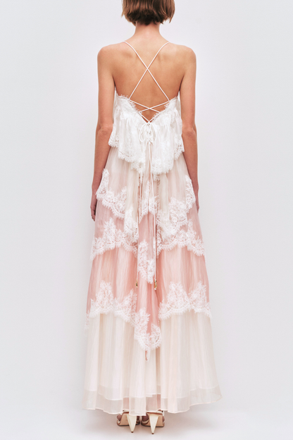 Tobiass Ruffle Lace Trim Maxi Dress - Pink