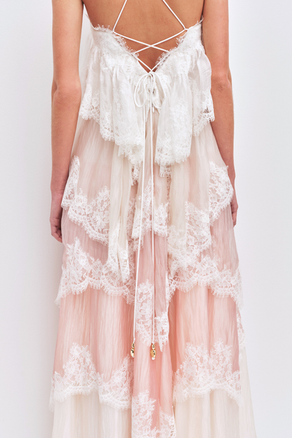 Tobiass Ruffle Lace Trim Maxi Dress - Pink