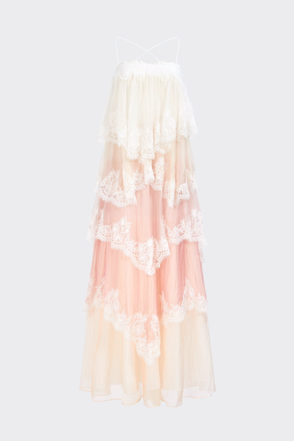 Tobiass Ruffle Lace Trim Maxi Dress - Pink