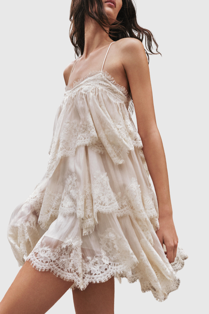 Tobiass Ruffle Lace Trim Mini Dress - Beige
