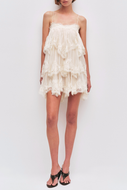Tobiass Ruffle Lace Trim Mini Dress - Beige