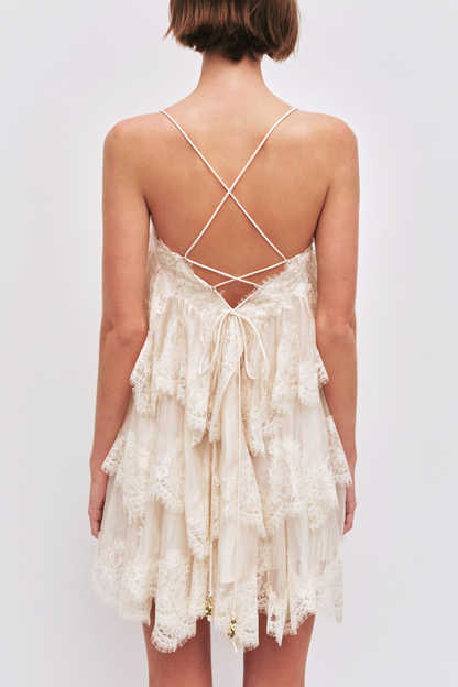 Tobiass Ruffle Lace Trim Mini Dress - Beige