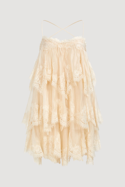 Tobiass Ruffle Lace Trim Mini Dress - Beige