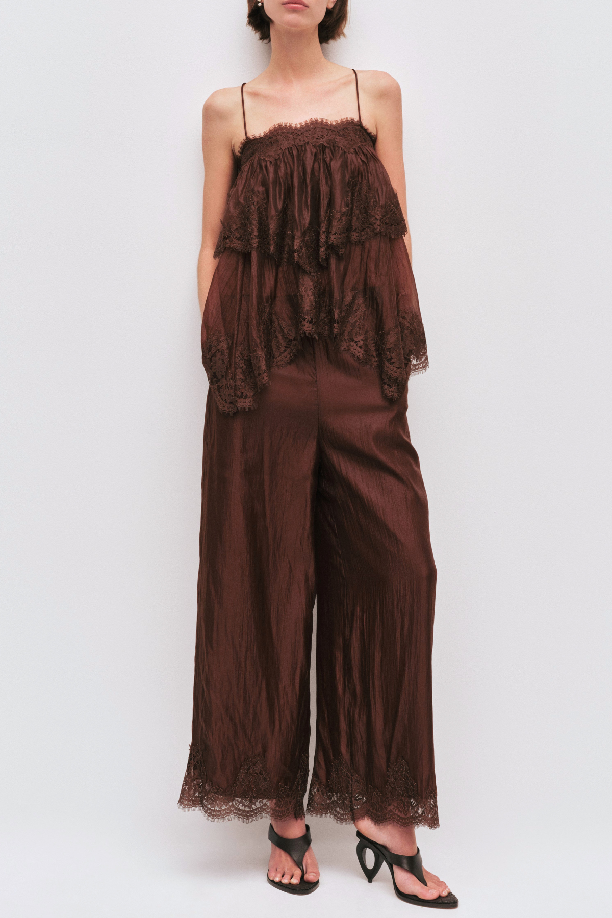 Tobiass Ruffle Lace Trim Top - Brown