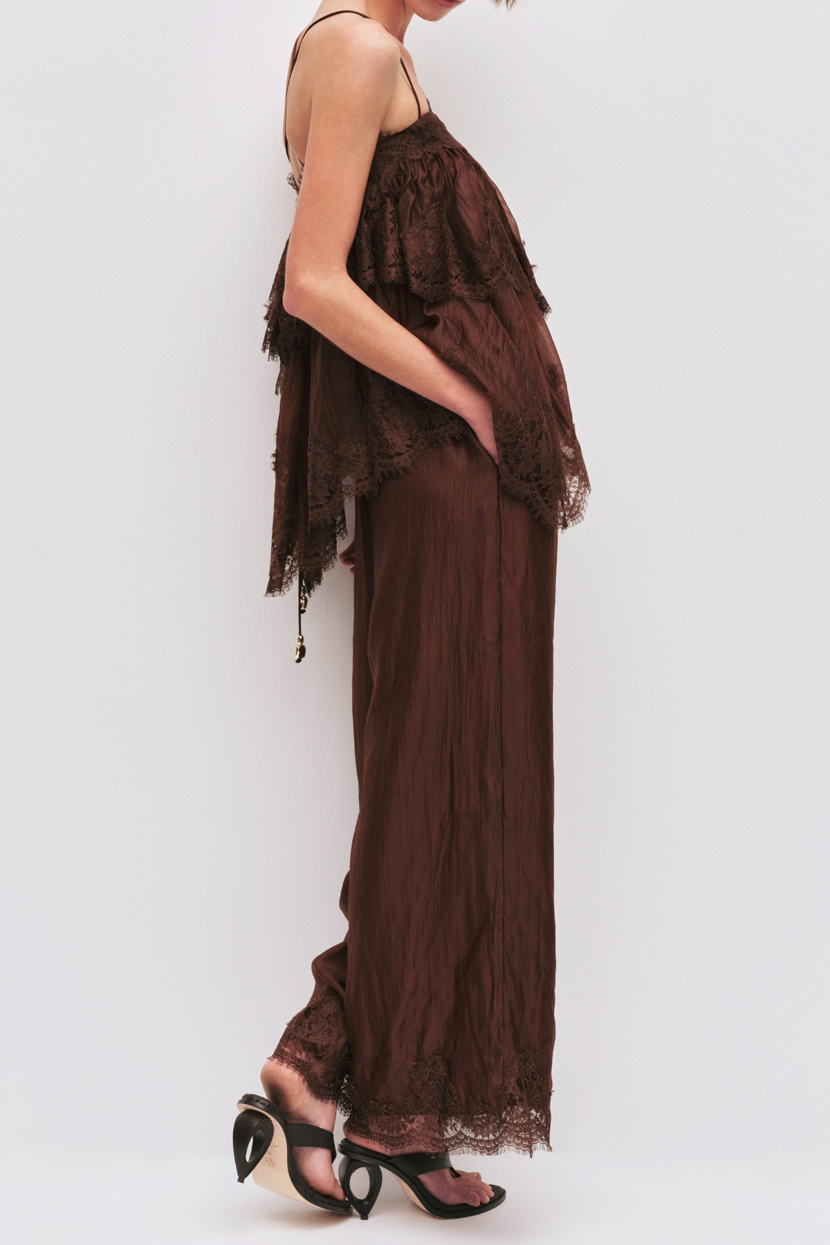 Tobiass Ruffle Lace Trim Top - Brown