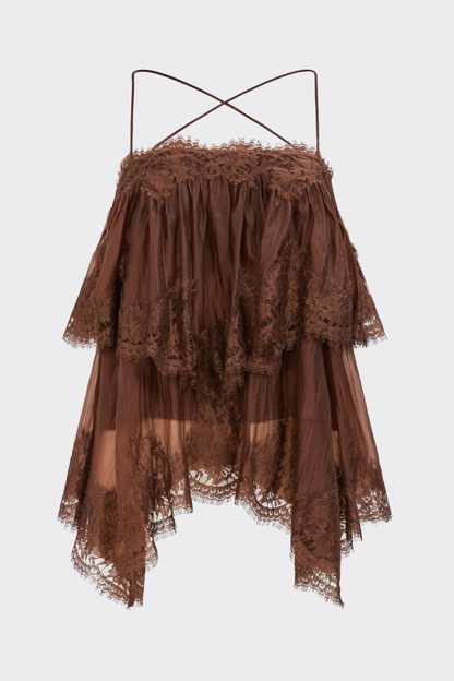Tobiass Ruffle Lace Trim Top - Brown