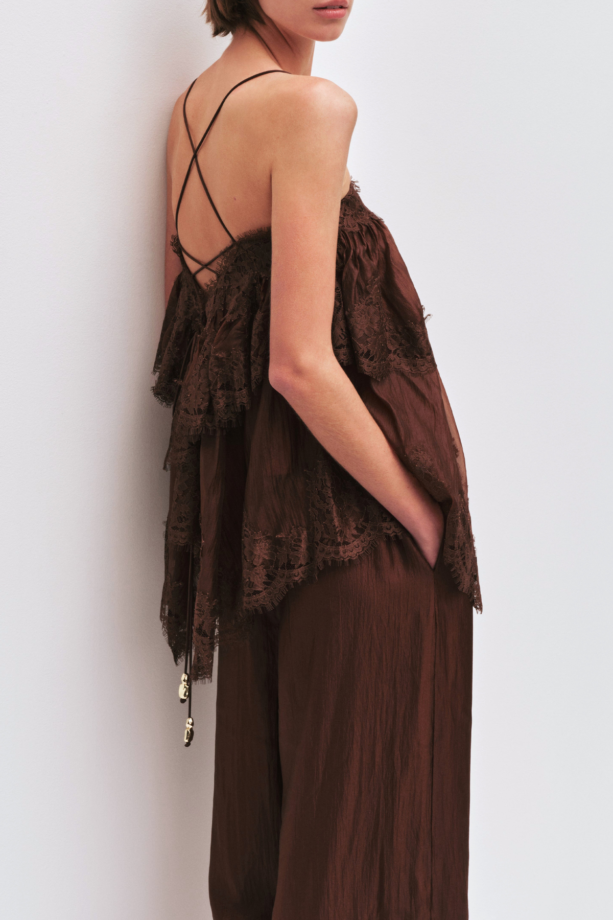Tobiass Ruffle Lace Trim Top - Brown
