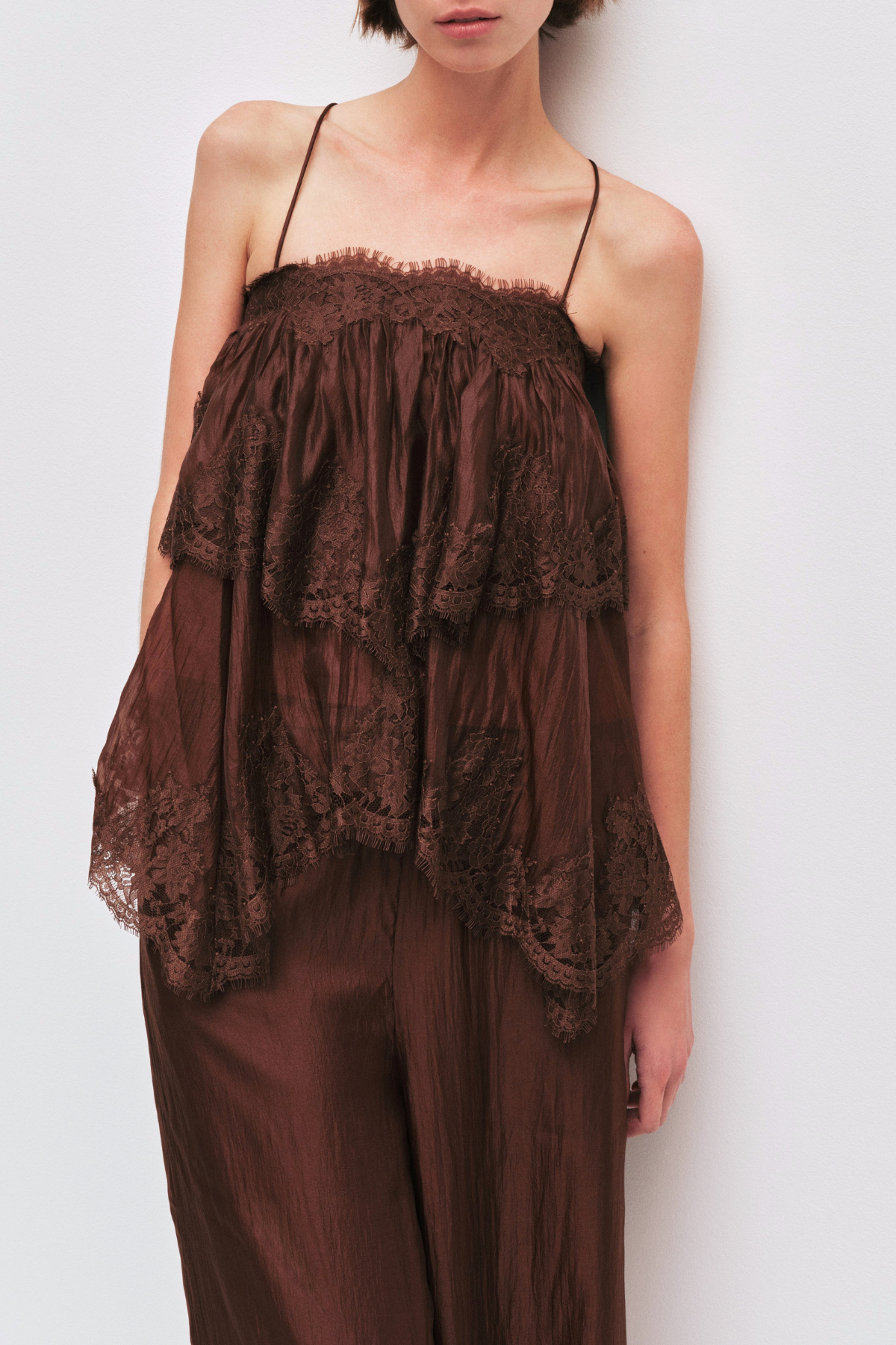 Tobiass Ruffle Lace Trim Top - Brown