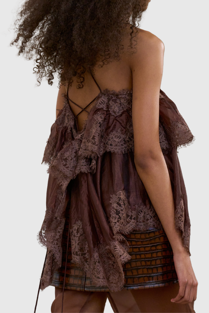Tobiass Ruffle Lace Trim Top - Brown
