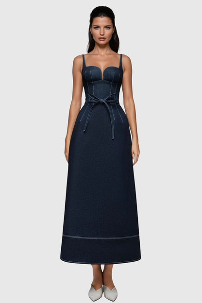 Topaz Bow Belted Denim Maxi Dress