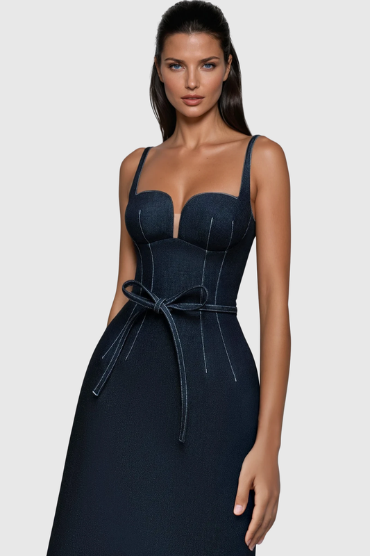 Topaz Bow Belted Denim Maxi Dress