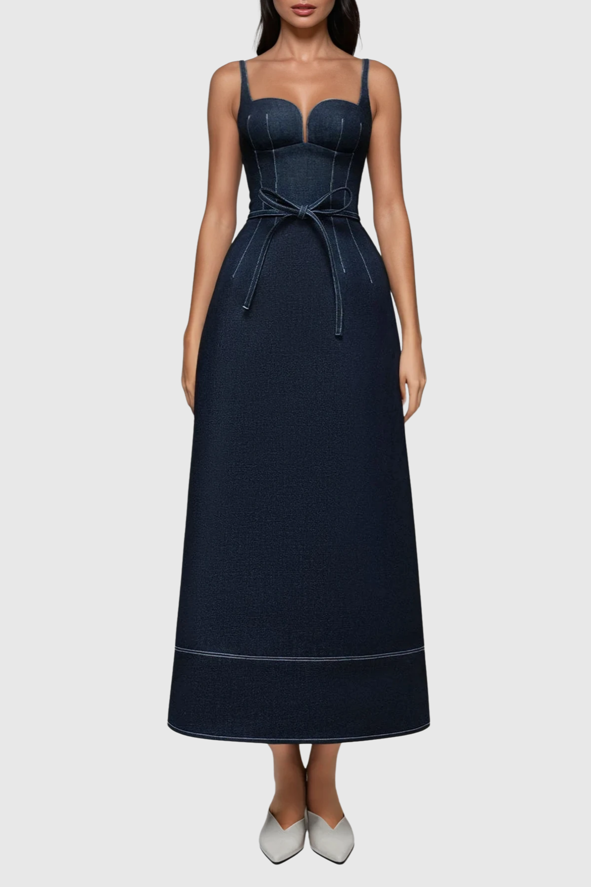 Topaz Bow Belted Denim Maxi Dress