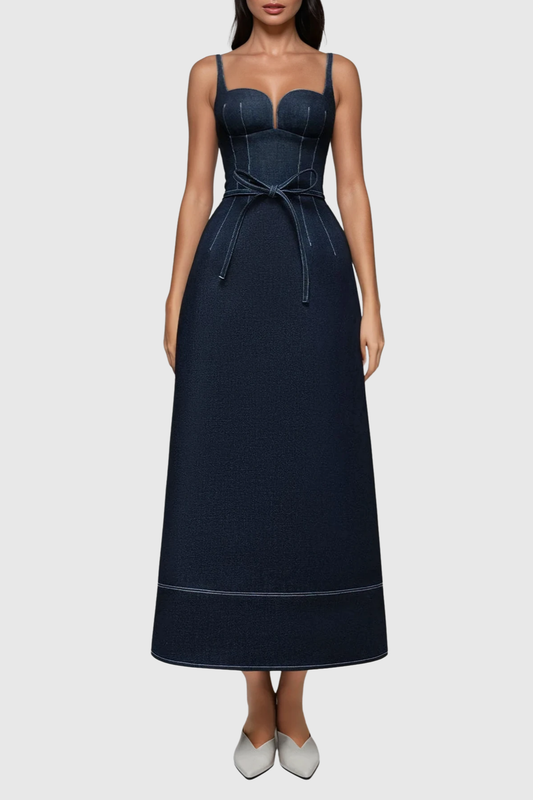 Topaz Bow Belted Denim Maxi Dress