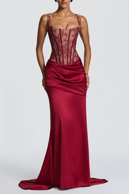 Tosca Satin Ruched Maxi Dress - Red