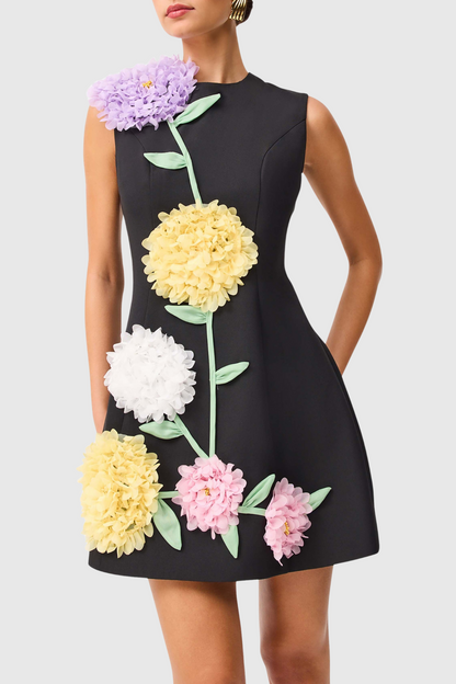 Trevia Floral Appliqué Sleeveless Mini Dress - Black