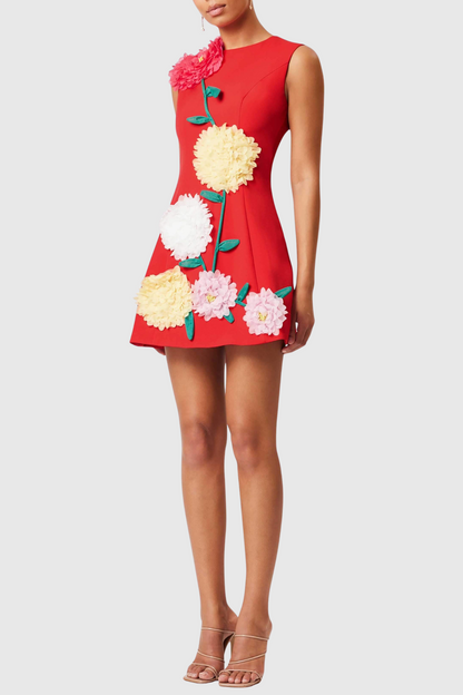 Trevia Floral Appliqué Sleeveless Mini Dress - Red
