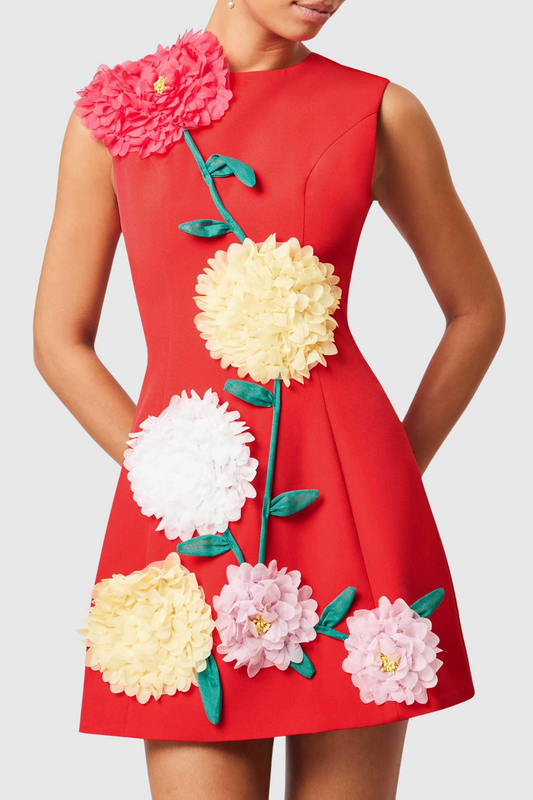 Trevia Floral Appliqué Sleeveless Mini Dress - Red