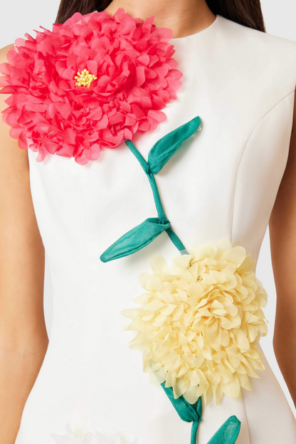 Trevia Floral Appliqué Sleeveless Mini Dress - White