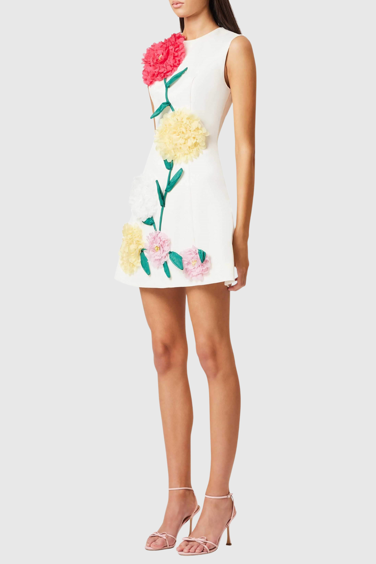 Trevia Floral Appliqué Sleeveless Mini Dress - White