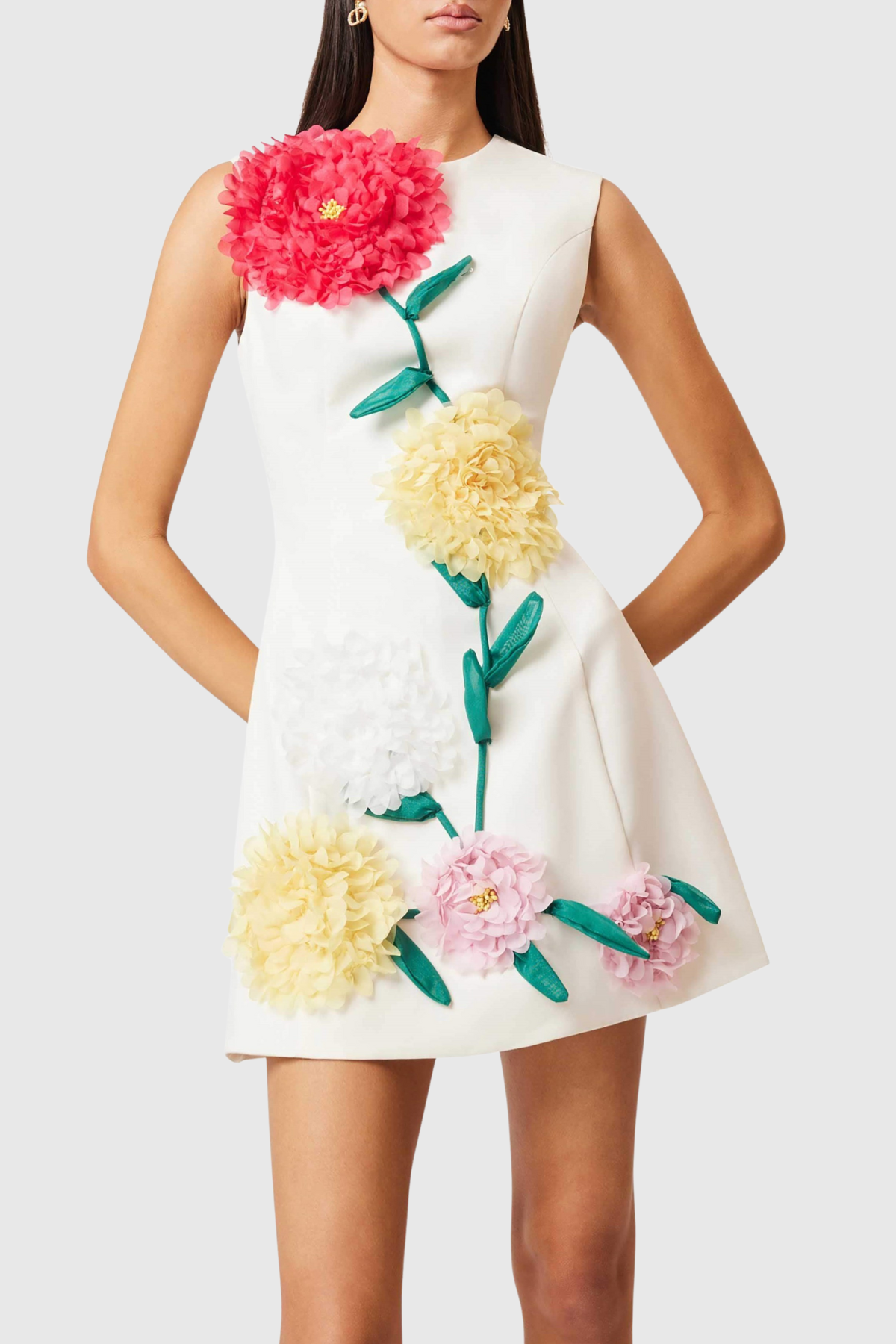 Trevia Floral Appliqué Sleeveless Mini Dress - White