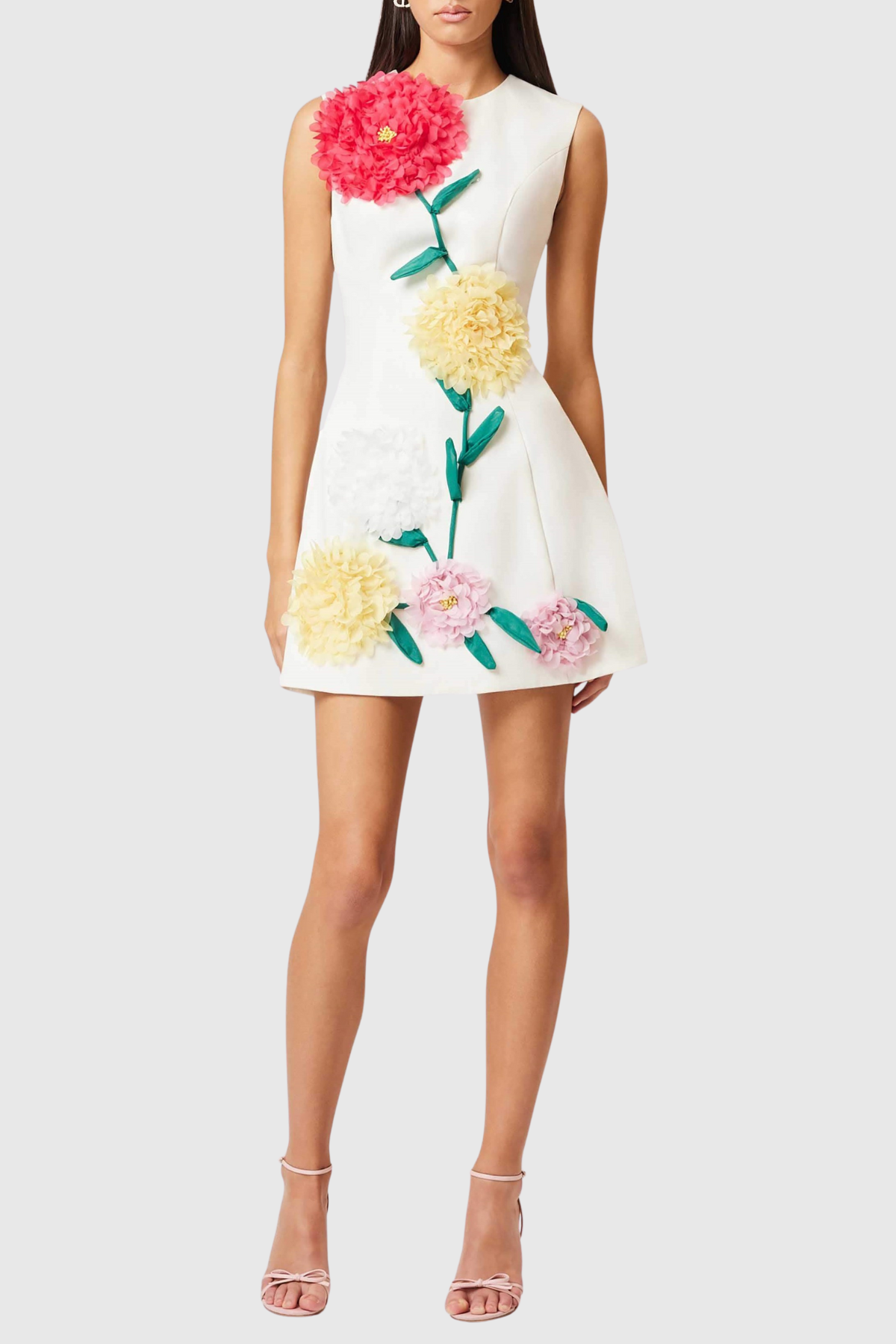 Trevia Floral Appliqué Sleeveless Mini Dress - White