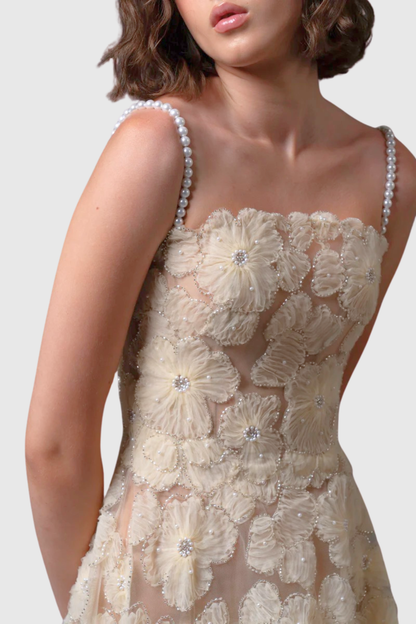 Twila Floral Embroidered Pearl Strap Maxi Dress