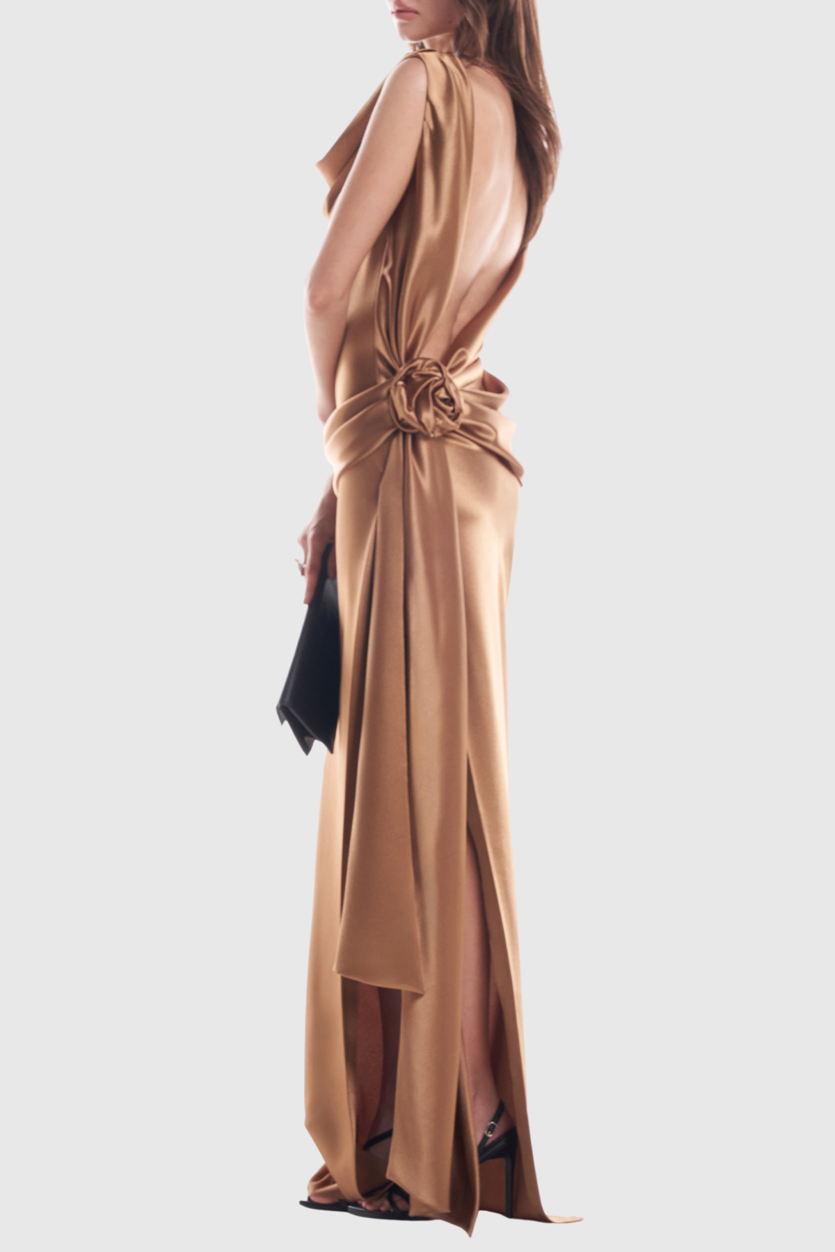 Tyndal Floral Draped Backless Satin Maxi Dress - Brown