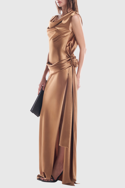 Tyndal Floral Draped Backless Satin Maxi Dress - Brown
