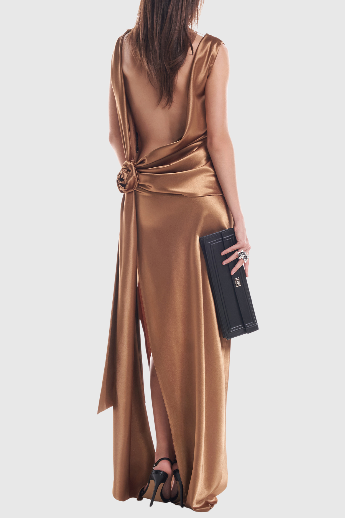 Tyndal Floral Draped Backless Satin Maxi Dress - Brown